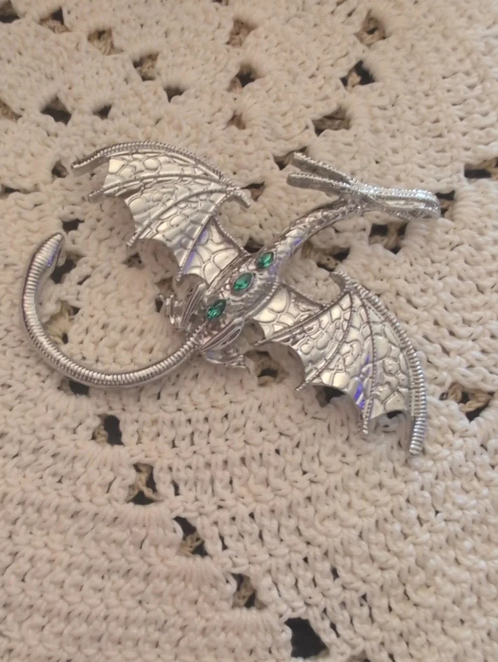 Silver Toned Dragon Brooch with Green Rhinestones Fairycore Whimsigoth Dinosaur